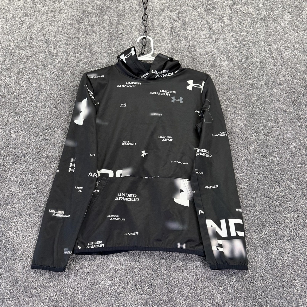 Under Armour Hoodie Kids YLG Black Logo Fleece Pullover Kangaroo Pocket